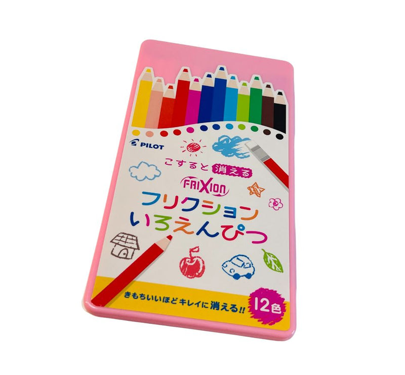 Pack of colorful erasable color pencils with pink packaging on a white background