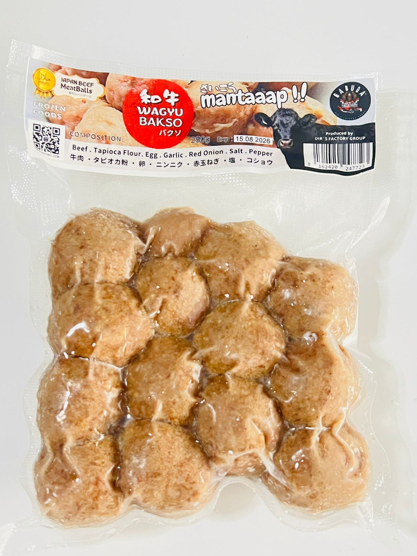 Packaged Wagyu meatballs with a visible brand label on a white background