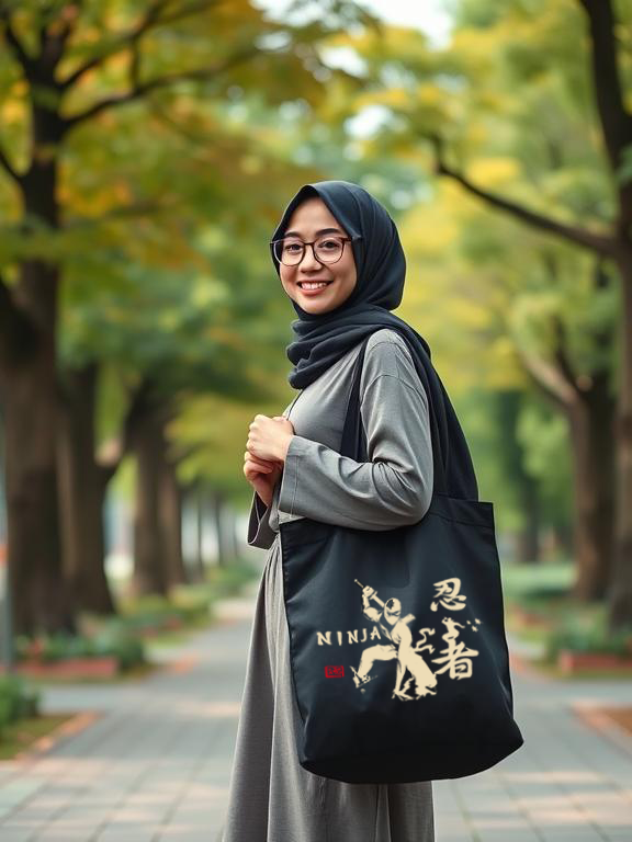 Woman holding a black tote bag with a ninja design in a park setting