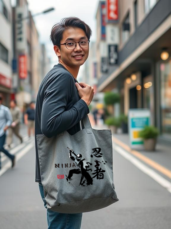 Man holding a tote bag with a ninja design on a city street